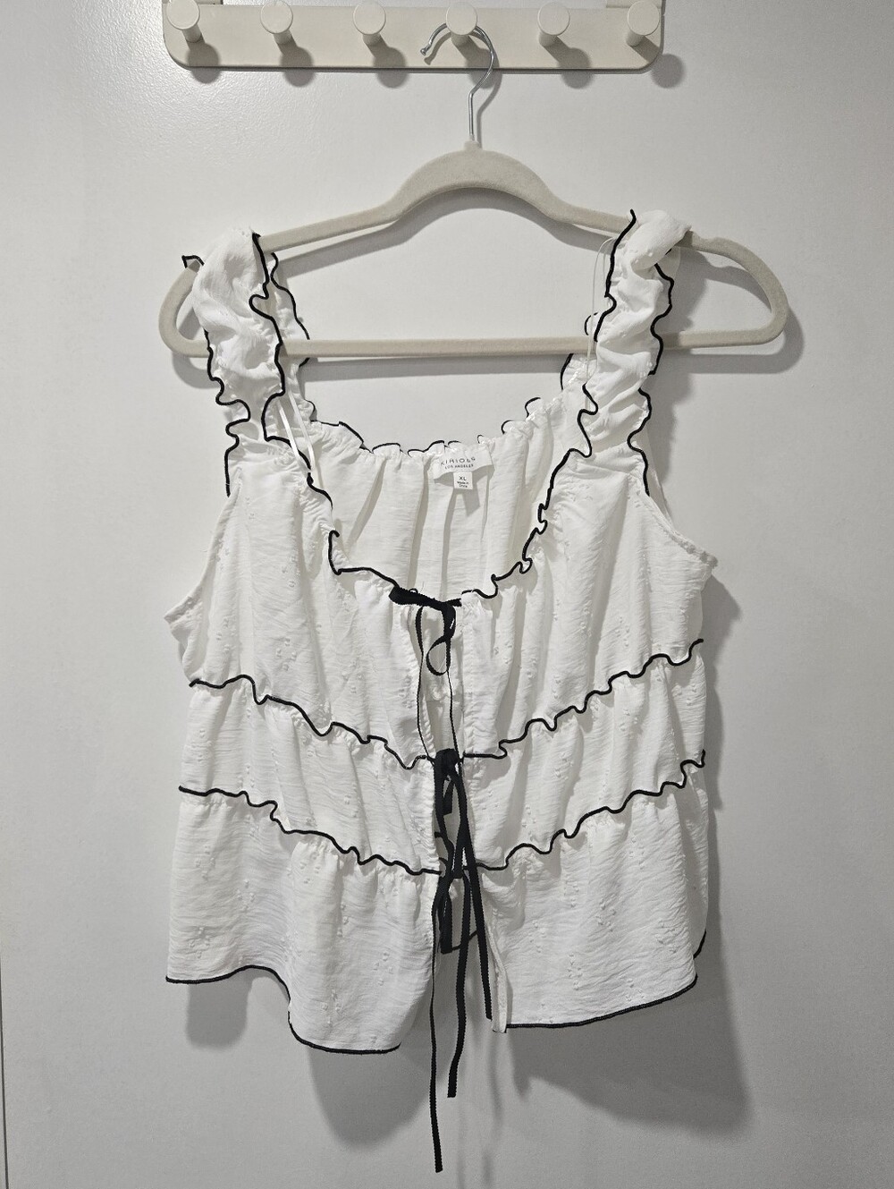 Kirious White Ruffle Tie Front Tank Top with Black Trim